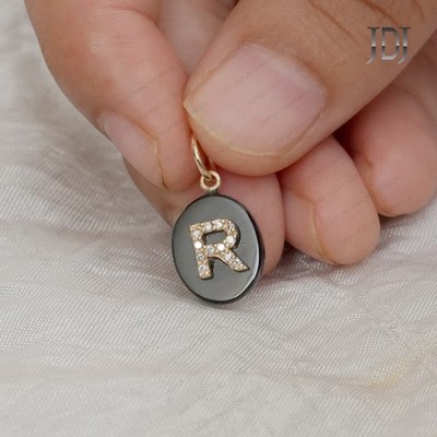 Solid 18k Yellow Gold Genuine Diamond R Letter Initial Charm Onyx Gems Pendant