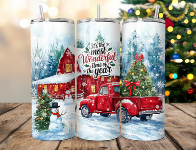 Roter LKW Weihnachten 20 Unzen Becher - Scheune Schneemann Winterszene - Urlaub Geschenk Tasse