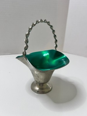 Vintage TINN Norway Pewter Basket w/Green Enamel Interior and Twisted Handle MCM
