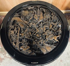 Chinese Hand Carved Tea Table With 4 Nesting Stools, Glass Top, & Battle Scene