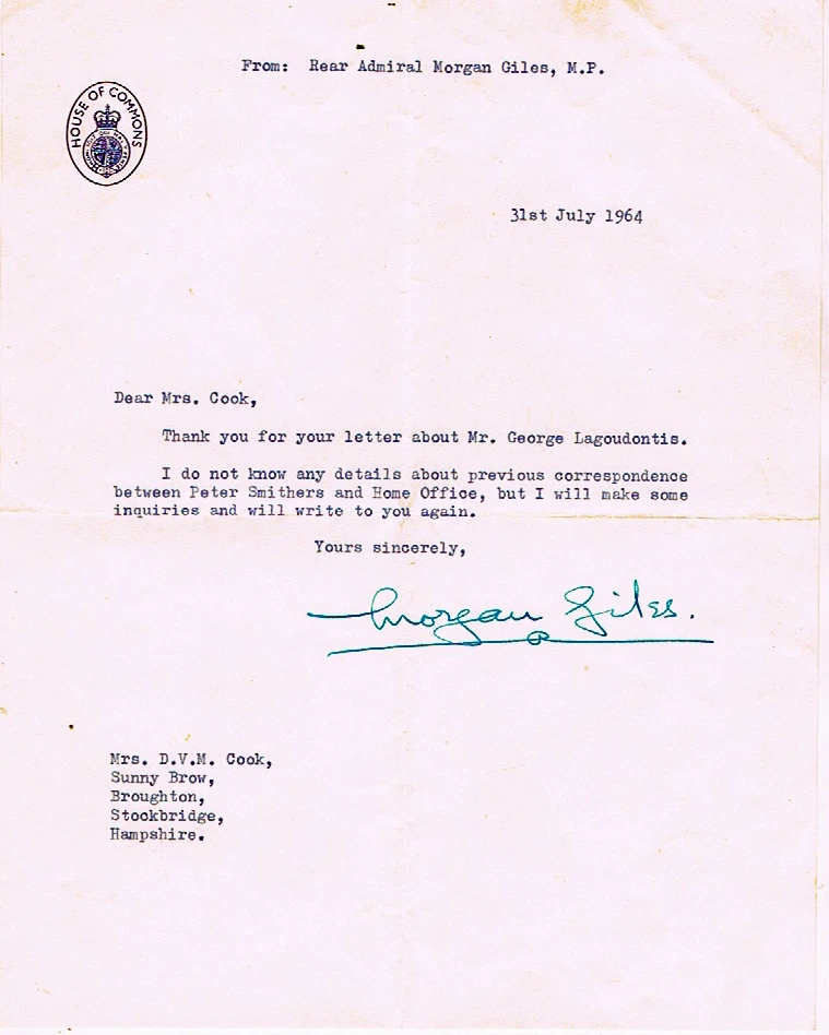 1964 HOUSE of COMMONS LETTER: REAR ADMIRAL MORGAN GILES TORY M.P for CHICHESTER - Photo 1/1