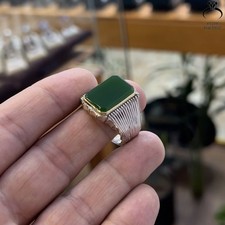 Silver Ring with Green Agate Yemeni Aqeeq Handmade Islamic Jewelry for Men