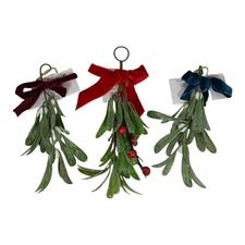 Holiday Style Mistletoe Christmas Ornament Blue Velvet Red Burgundy Bows Glitter
