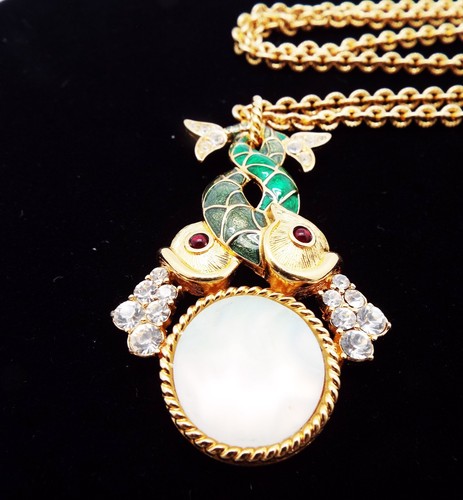 TIRFARI 32in RARE 1998 LTD ED. MOP ENAMEL RUBY CAB PISCES ZODIAC FISH NECKLACE
