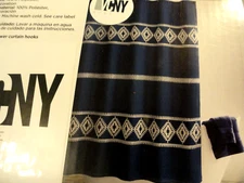 new Navy Blue White embroidered fabric SHOWER CURTAIN diamond design BOLD