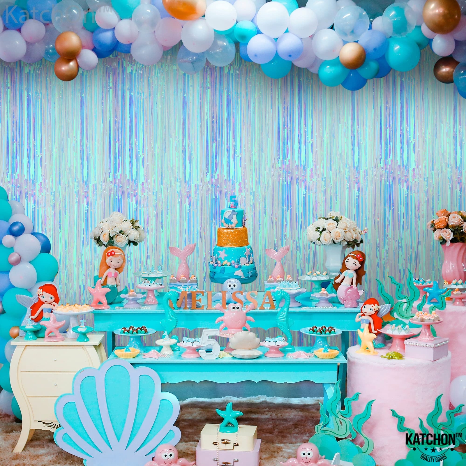 KatchOn XtraLarge Blue Iridescent Streamers - 3.2x8 Feet Blue Fringe | Mermai...