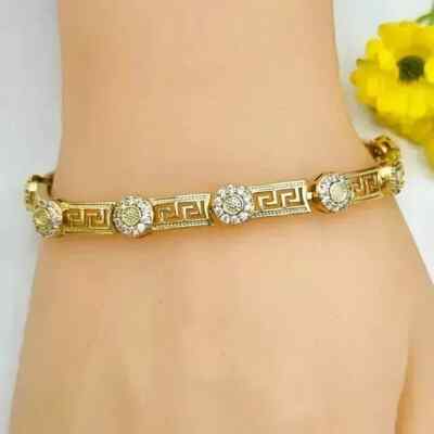 14K Yellow Gold Plated Greek Key Pattern Elegant Bracelet 7'' Lab Created Diamond