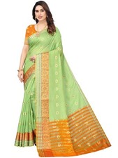 Women's Jacquard Cotton Blend Golden Zari Woven saree with Running Blouse Piece