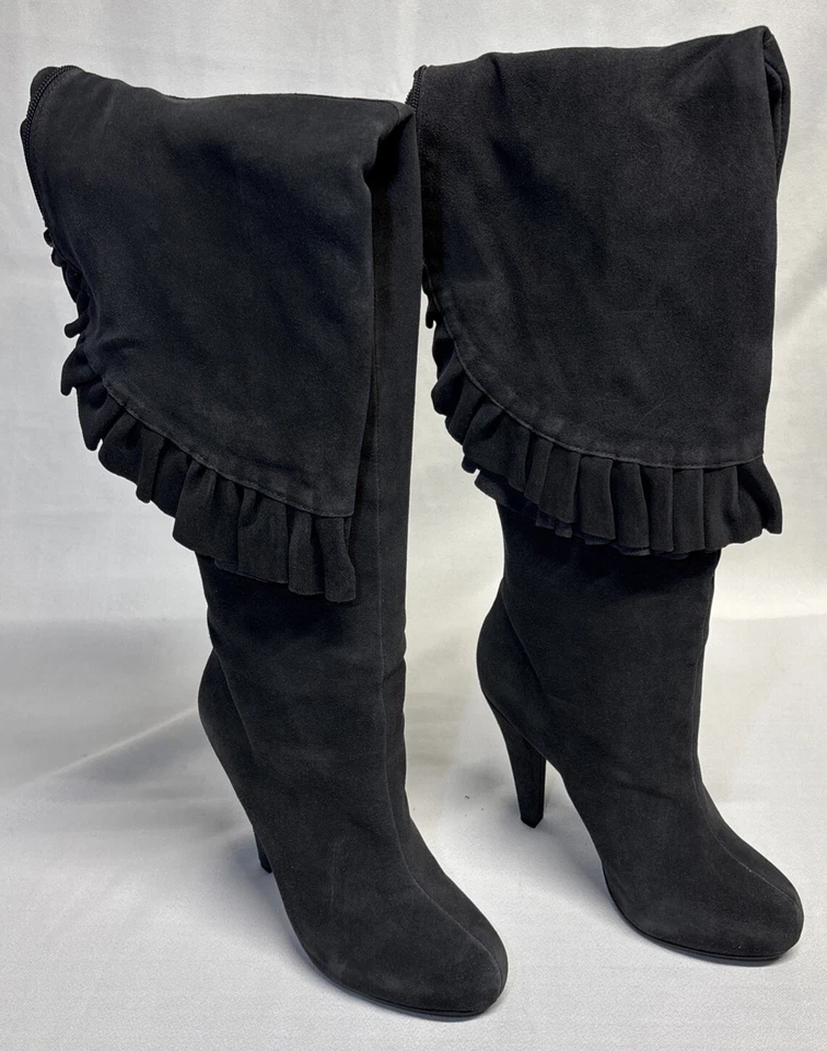 Botas hasta la rodilla Colin Stuart para mujer de gamuza con volantes detalladas grises 9B nuevas en caja Foto 3 de 4