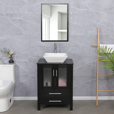 24'' Bathroom Vanity Set Black White Ceramic Sink Faucet Drain Combo No Mirror 