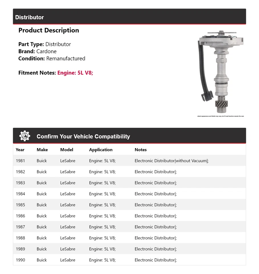 Para Buick LeSabre 1981-1990 5L V8 Distribuidor Cardone 1982 1983 1984 1985 1986 Foto 2 de 4