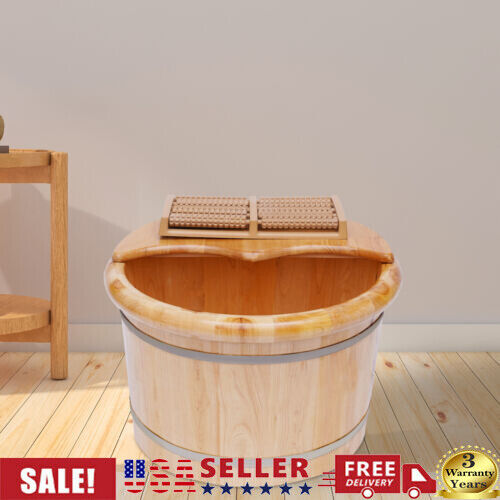 Cedar Wood Foot Basin +Massager Wooden Bucket Foot Bath Massage Plus Cover Plate - Photo 1/12