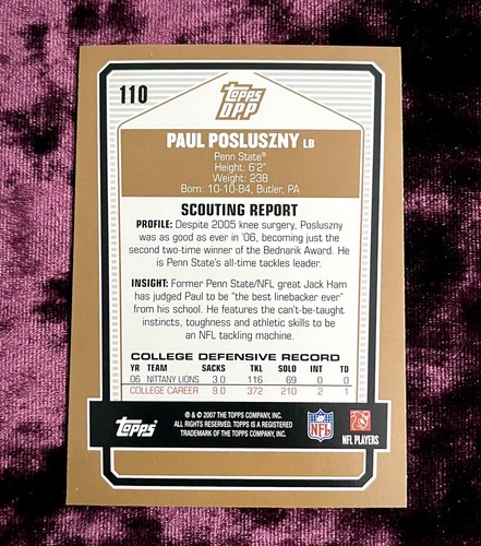 Paul Posluszny 2007 Topps Draft Pick RC Gold #110 MINT Penn State Rookie Jersey - Bild 2 von 4