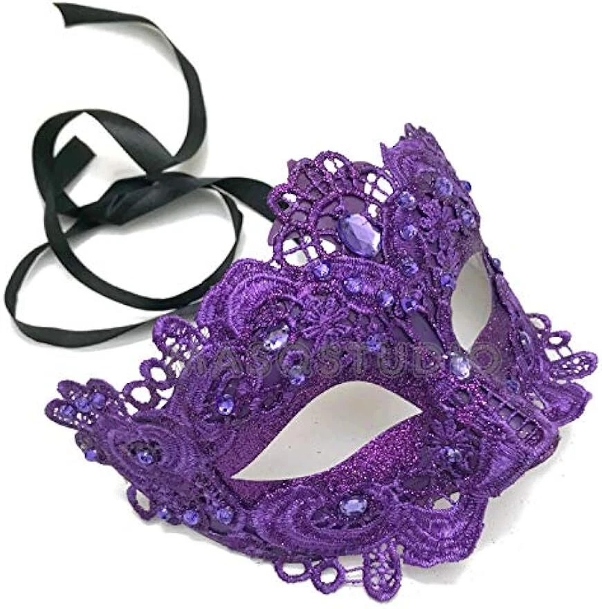 Purple Masquerade Lace Mask Pair Mardi Gras Costume Carnival Theme Party Wear - Image 3 of 4