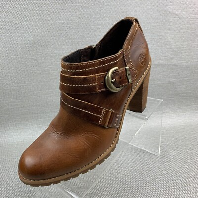 Timberland Earthkeepers Ankle Booties Brown Leather Zip Block Stack Heel Sz 10M