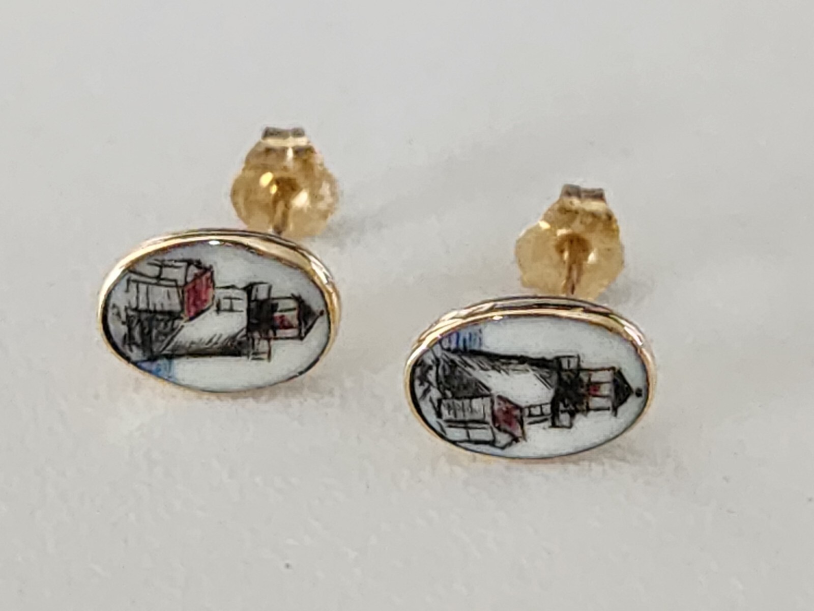 14K Solid Gold Porcelain Lighthouse Stud Earrings - image 2