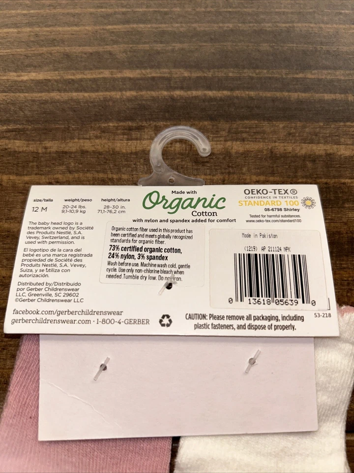 Gerber Modern Moments Baby Girl Socks Organic Wiggle Proof 12M Pink Cream Ruffle - Image 3 of 4