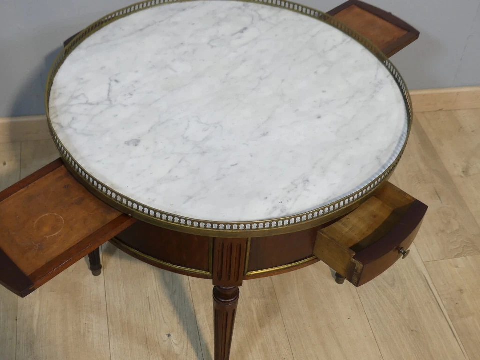Table basse bouillotte en acajou et marbre style Louis XVI, époque début XX ème - Photo 4/4