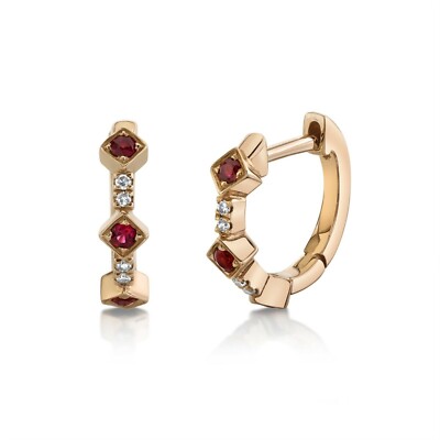 Ruby Diamond Huggies Earrings 14K Rose Gold Diagonal Hoops Round Cut Natural
