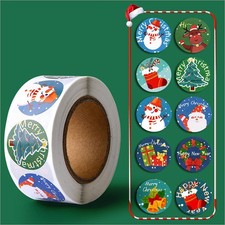 1 Roll 500 PCS 1-inch Round Christmas Stickers with Santa  Festive Designs