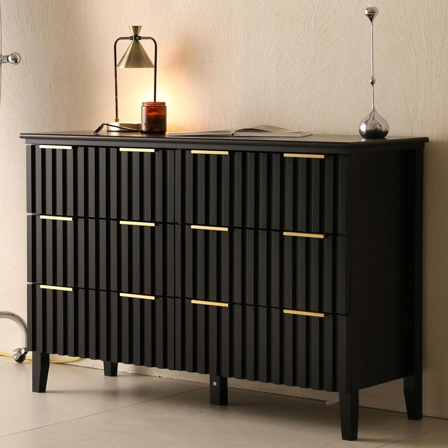 6-Drawer Black Fluted Wooden Tall Chest with Gold Handles Modern Bedroom Storage