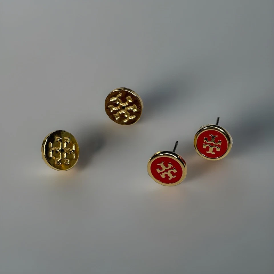 Tory Burch Kira 18K GP Esmalte Rojo Oro Doble T Logo Círculo Aretes $100 Foto 4 de 4