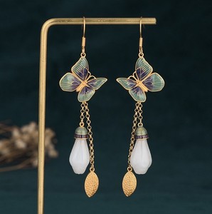 Authentic Jade Bohemian Drop Dangle Chic Earrings Flower Butterfly Gemstone Gold Plated