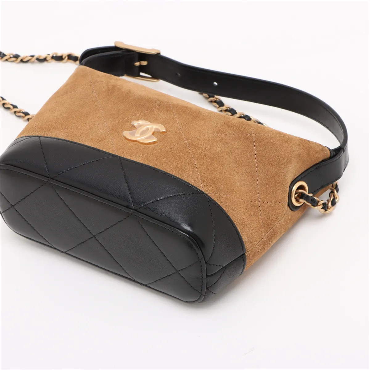 Chanel Matelasse Suede & Leather 2 Way Shoulder Bag Beige x black Gold Metal Fit image 3