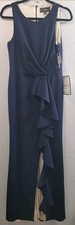 NWT Betsy  Adam Navy Scuba Crepe Ruffle Gown Sleeveless Formal Dress Sz 12