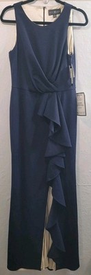 NWT Betsy & Adam Navy Scuba Crepe Ruffle Gown Sleeveless Formal Dress Sz 12