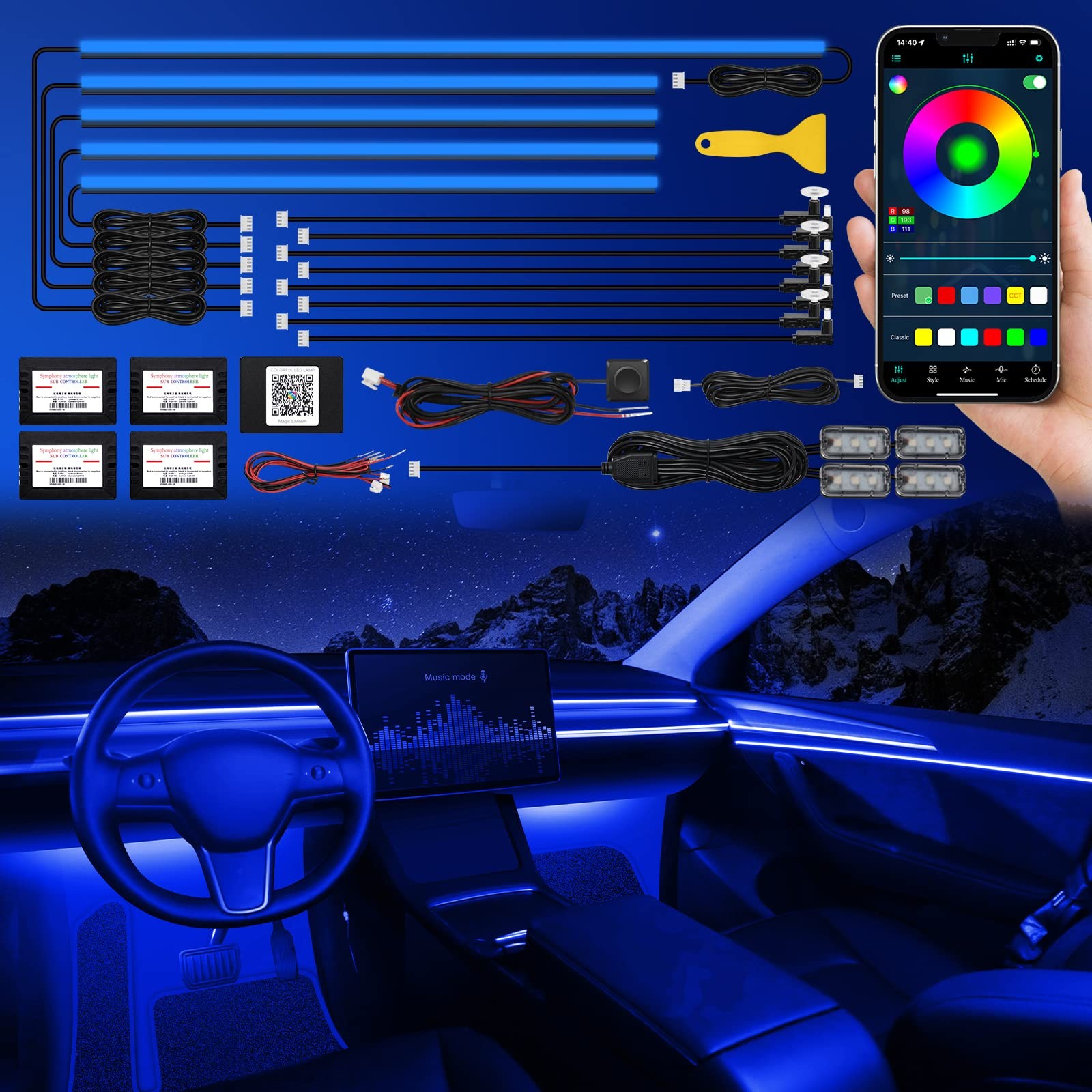Kit Luci LED Interni Auto TWETIZ 12V: Acrilico RGB con Controllo App