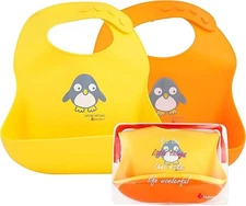 Waterproof Silicone Baby Bibs w/ Pouch to Catch Food (2 Bibs)