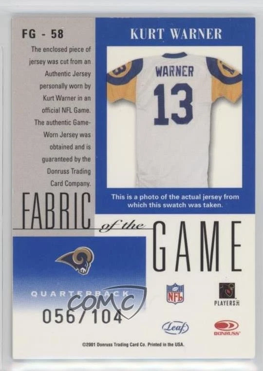2001 Leaf Certified Materials Fabric of the Game Career /104 Kurt Warner HOF - Image 2 of 2