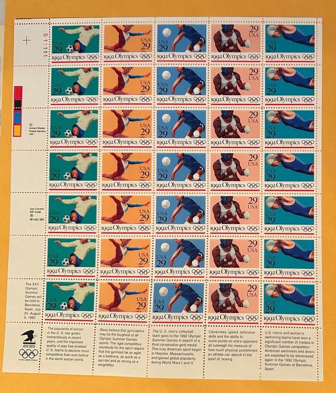 US STAMPS #2637 - 41, PANE OF 35 1992 SUMMER OLYMPIC STAMPS 29c MNH