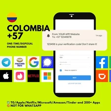 Colombia +57 One-Time Number for TG, Apple, Microsoft SMS Code/OTP, Not Need SIM