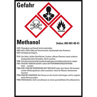 Aufkleber Gefahrstoffetikett Methanol GefStoffV/GHS/CLP Folie 52x74mm 10/Bogen