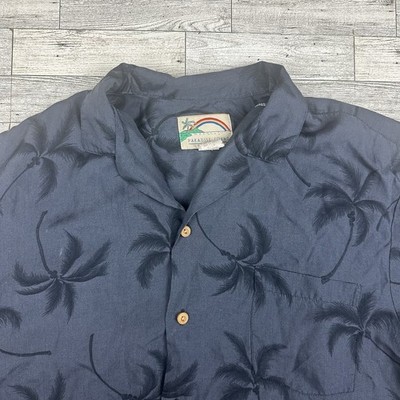 Paradise Found Shirt Mens L Blue Palm Tree Hawaiian Button Up Short Sleeve Rayon