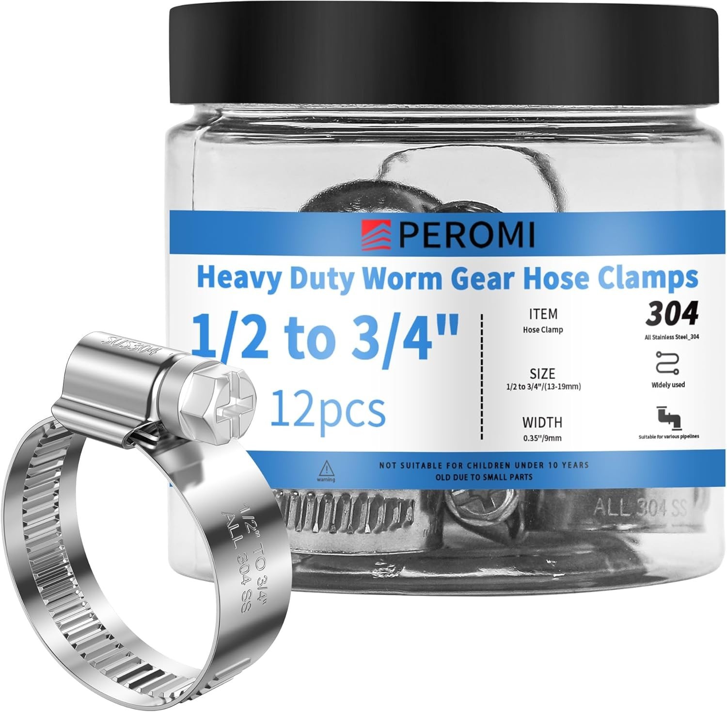 12PCS Heavy Duty Hose Clamps Stainless Steel 304,1/2