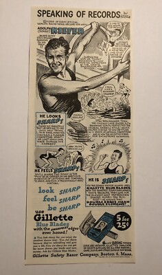 1947 Gillette Razor Swimmer Adolph Sonny Kiefer VTG Authentic Magazine Ad 0C25