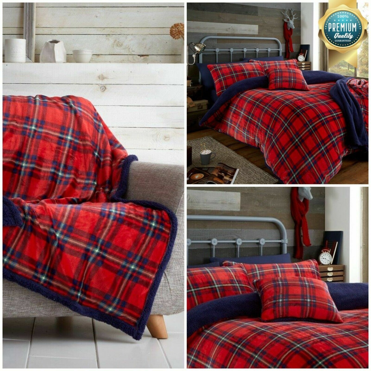Teddy Fleece Tartan Check Duvet Cover Warm Thermal Bed Set OR Throw,  C/Covers | eBay