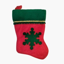 Mini Red Felt Christmas Stocking Green Snowflake Gold Trim 6 x 4 inch