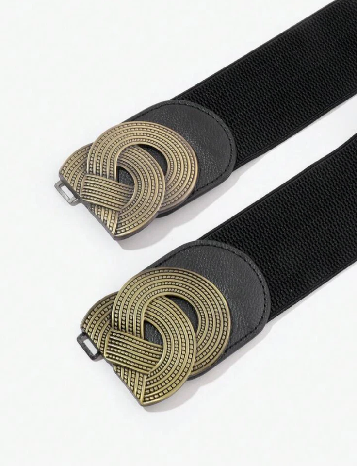 Cinturón elástico ancho negro hebilla de color latón para mujer Foto 3 de 3