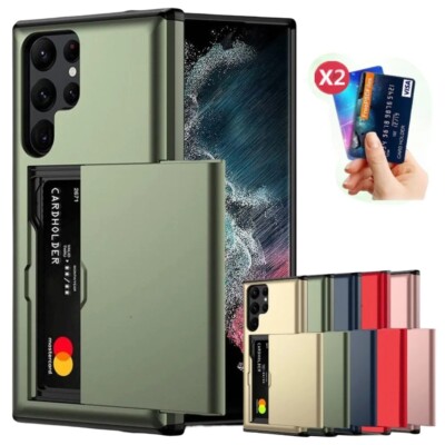 For Samsung Galaxy S24 S23 Ultra S22 S21 FE Armor Slide Card Holder Case Cover