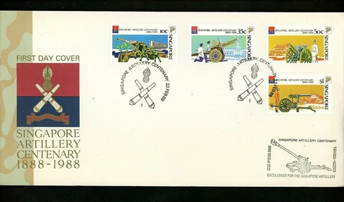 Postal History Singapore FDC #518-521 Military artillery Howitzer cannon 1988