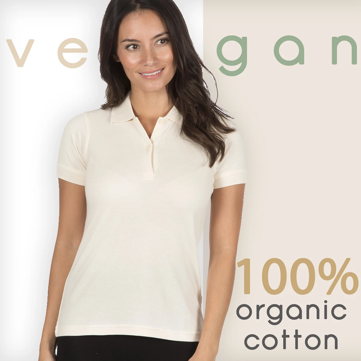 Ladies Polo Shirt Cream Beige 100% Organic Cotton Vegan Short Sleeve Pique  Tops