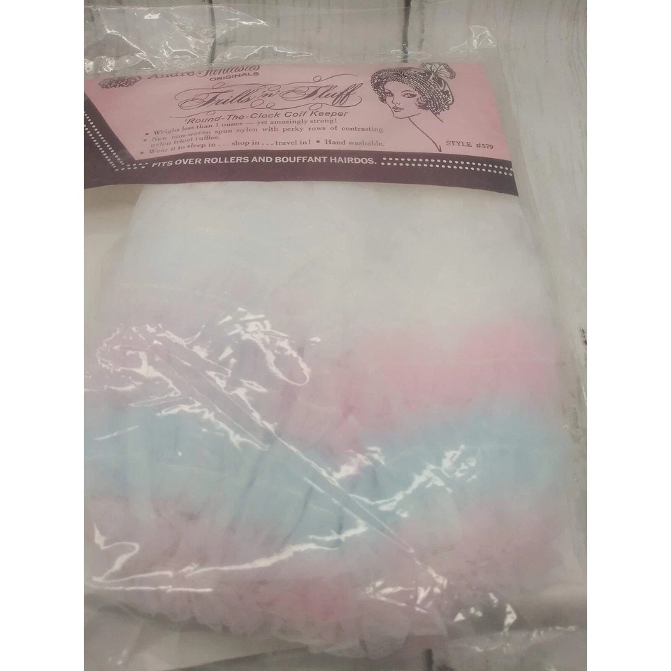 Vtg Andre Fantasies Hair Bonnet Frills n Fluff New Dead Stock Pink Blue Ruffles - Image 4 of 4