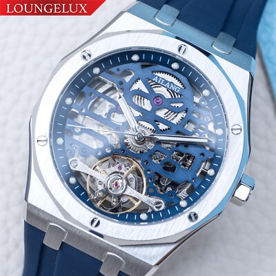 Mens Skeleton Automatic Mechanical Luxury Watch Silver Blue Rubber Strap Gift
