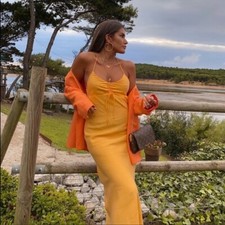 Zara Tangerine Orange Yellow Midi Dress Satin Effect Size S New Bloggers Fave