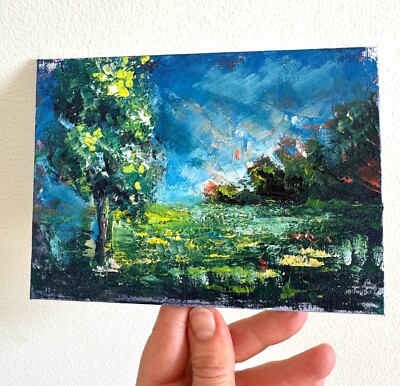 Sommerlandschaft grüner Baum Ölgemälde Impressionismus kleines Sammlerstück signiert