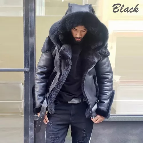 Men's Coats Teens Motorcycle Winter PU Slimming Jacket Fur Hood Fashion Warm - Picture 3 of 39